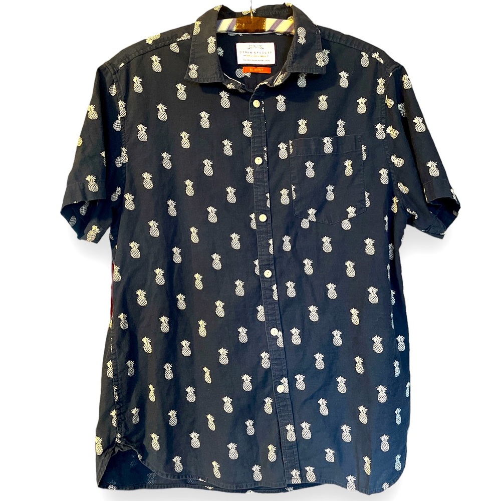 Denim & Flower Men’s Pineapple Button Up Short Sleeve Shirt Size Large Slim Fit